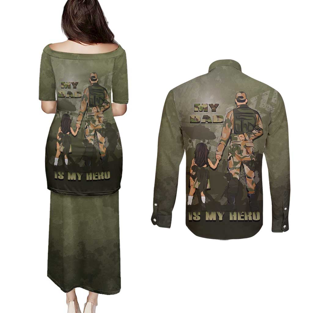 Military Fathers Day Couples Matching Puletasi and Long Sleeve Button Shirt My Dad Is My Hero