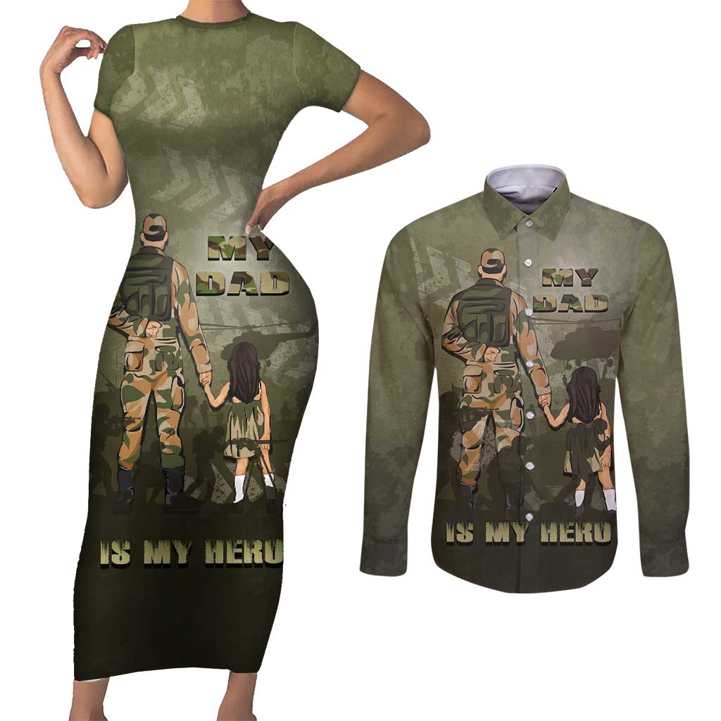 Military Fathers Day Couples Matching Short Sleeve Bodycon Dress and Long Sleeve Button Shirt My Dad Is My Hero