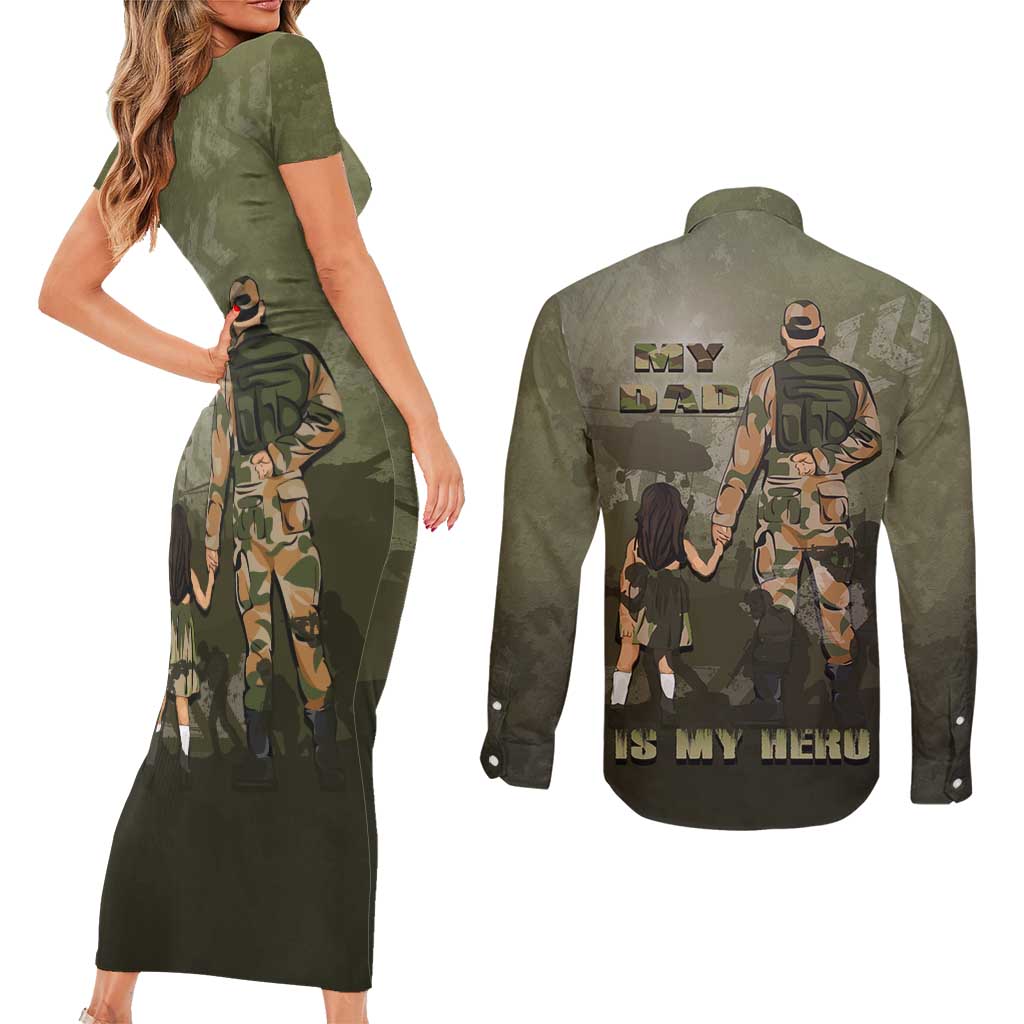 Military Fathers Day Couples Matching Short Sleeve Bodycon Dress and Long Sleeve Button Shirt My Dad Is My Hero