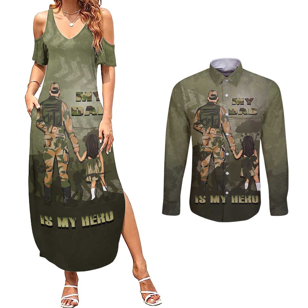 Military Fathers Day Couples Matching Summer Maxi Dress and Long Sleeve Button Shirt My Dad Is My Hero