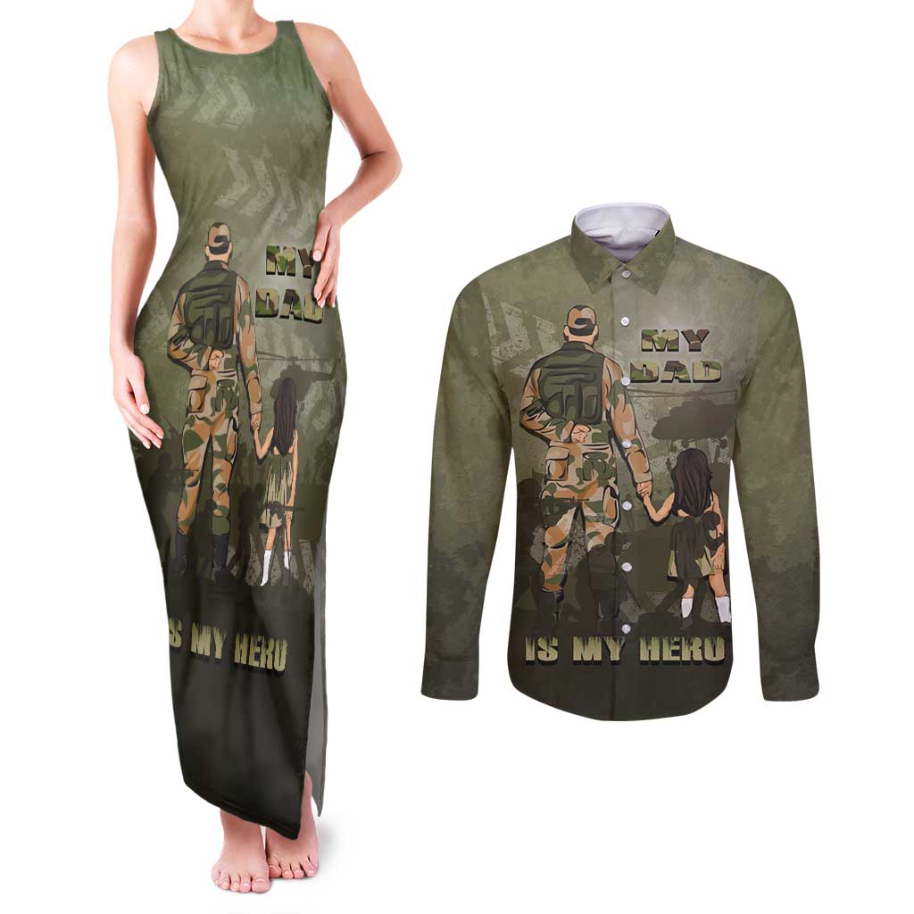 Military Fathers Day Couples Matching Tank Maxi Dress and Long Sleeve Button Shirt My Dad Is My Hero