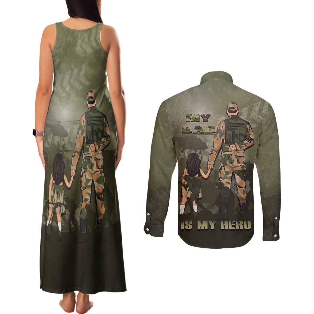 Military Fathers Day Couples Matching Tank Maxi Dress and Long Sleeve Button Shirt My Dad Is My Hero