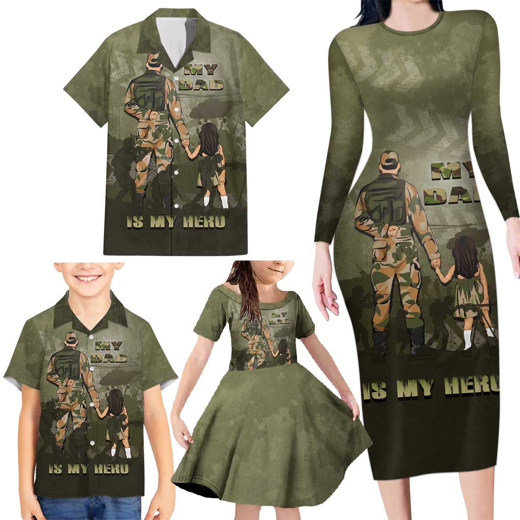 Military Fathers Day Family Matching Long Sleeve Bodycon Dress and Hawaiian Shirt My Dad Is My Hero