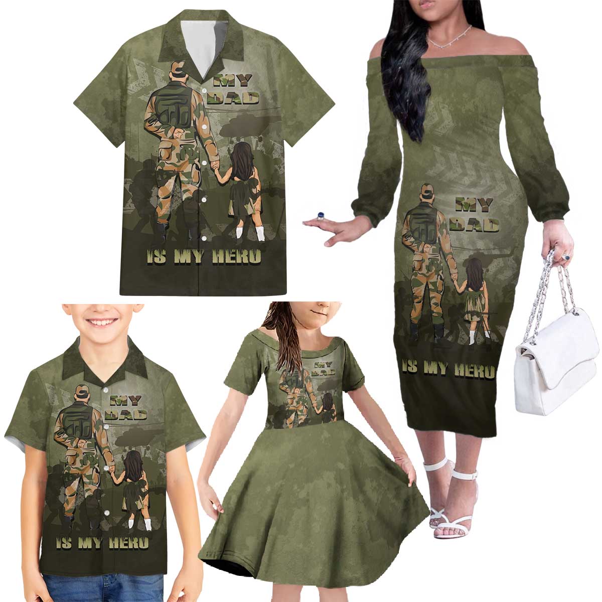 Military Fathers Day Family Matching Off The Shoulder Long Sleeve Dress and Hawaiian Shirt My Dad Is My Hero