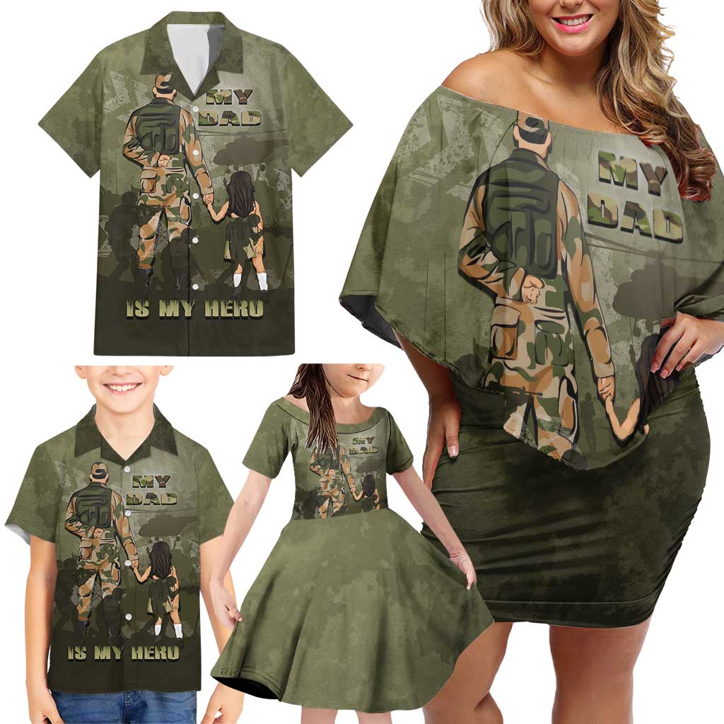 Military Fathers Day Family Matching Off Shoulder Short Dress and Hawaiian Shirt My Dad Is My Hero