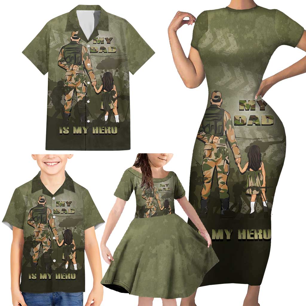 Military Fathers Day Family Matching Short Sleeve Bodycon Dress and Hawaiian Shirt My Dad Is My Hero