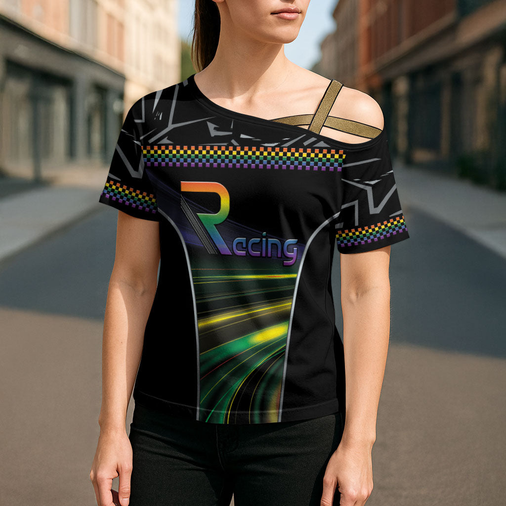 Custom Racing Pride Cross Shoulder Shirt Racing Rainbow Cyberpunk Style