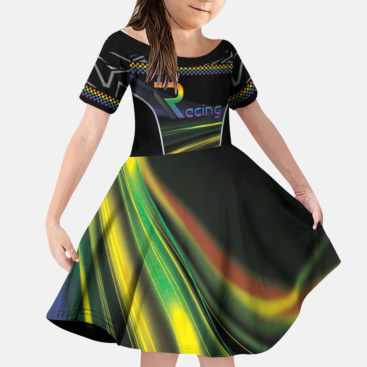 Custom Racing Pride Kid Short Sleeve Dress Racing Rainbow Cyberpunk Style