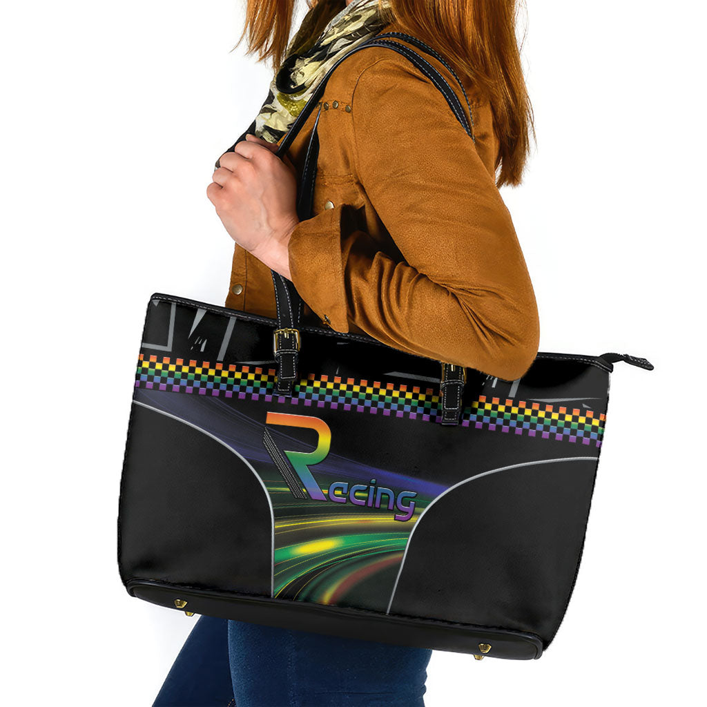 Racing Pride Leather Tote Bag Racing Rainbow Cyberpunk Style