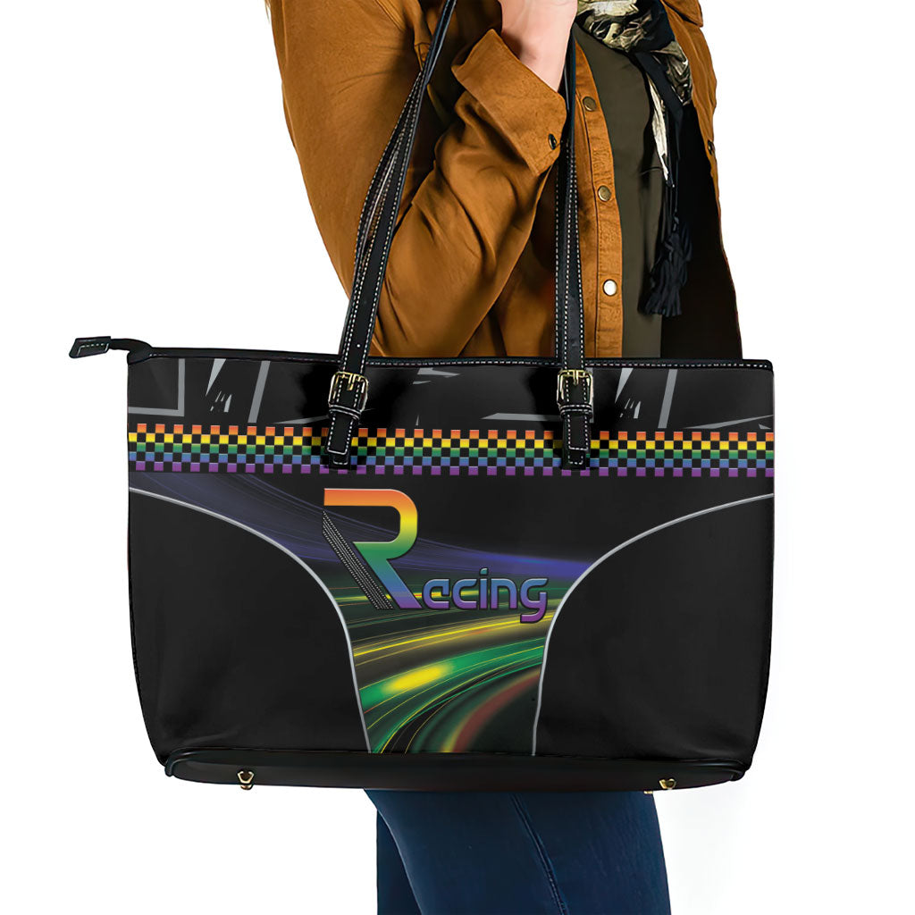 Racing Pride Leather Tote Bag Racing Rainbow Cyberpunk Style