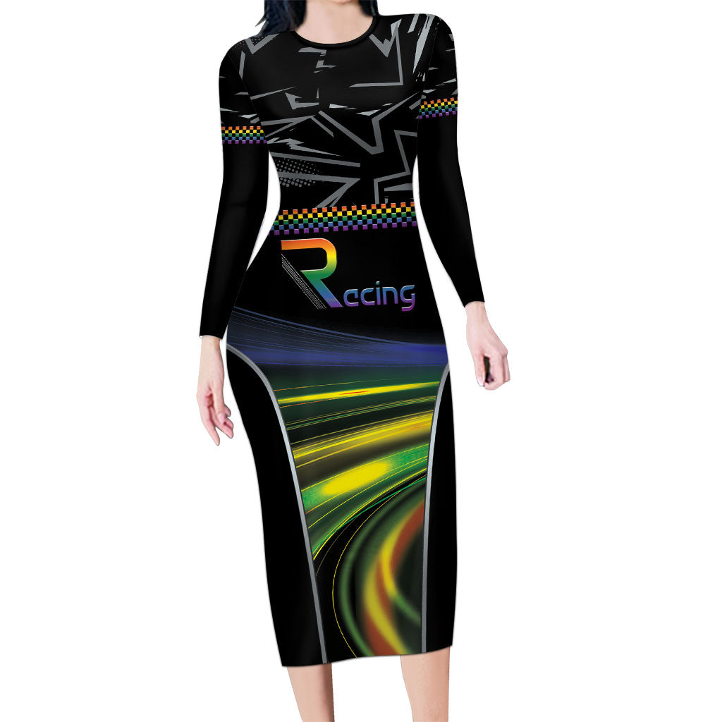 Custom Racing Pride Long Sleeve Bodycon Dress Racing Rainbow Cyberpunk Style