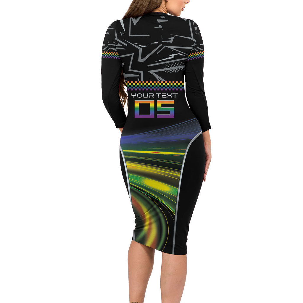 Custom Racing Pride Long Sleeve Bodycon Dress Racing Rainbow Cyberpunk Style