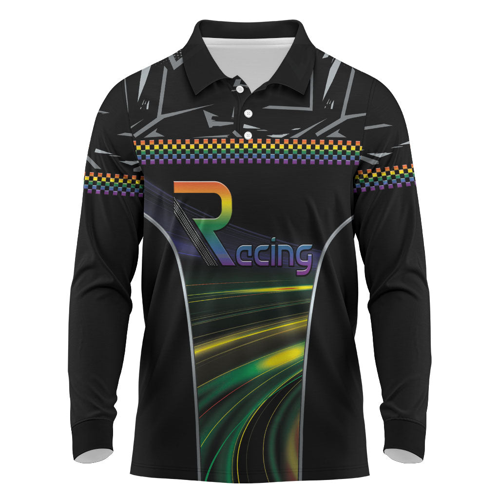 Custom Racing Pride Long Sleeve Polo Shirt Racing Rainbow Cyberpunk Style