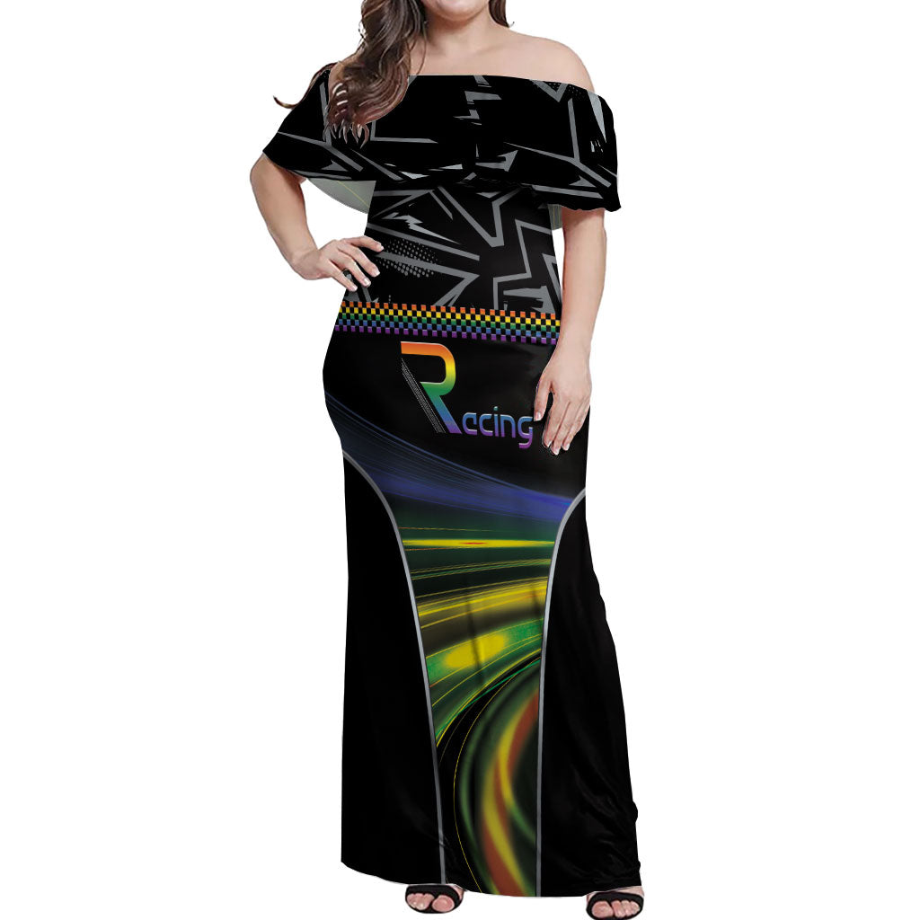 Custom Racing Pride Off Shoulder Maxi Dress Racing Rainbow Cyberpunk Style