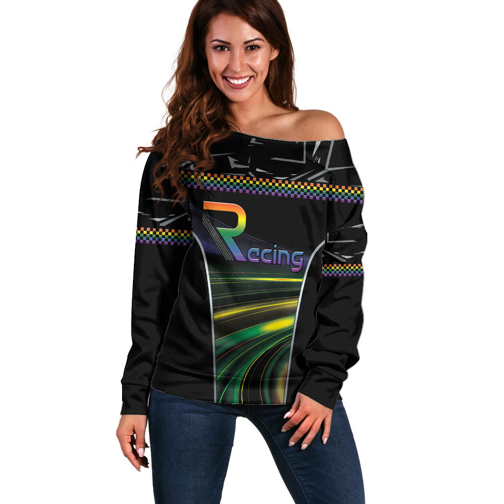 Custom Racing Pride Off Shoulder Sweater Racing Rainbow Cyberpunk Style