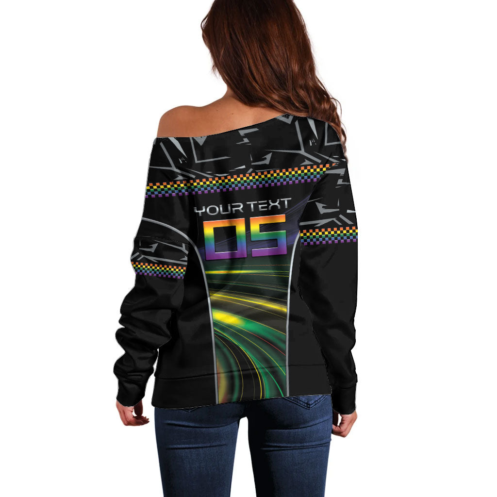 Custom Racing Pride Off Shoulder Sweater Racing Rainbow Cyberpunk Style