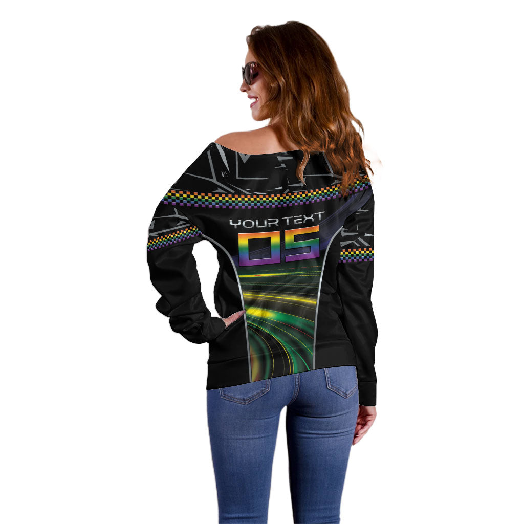 Custom Racing Pride Off Shoulder Sweater Racing Rainbow Cyberpunk Style