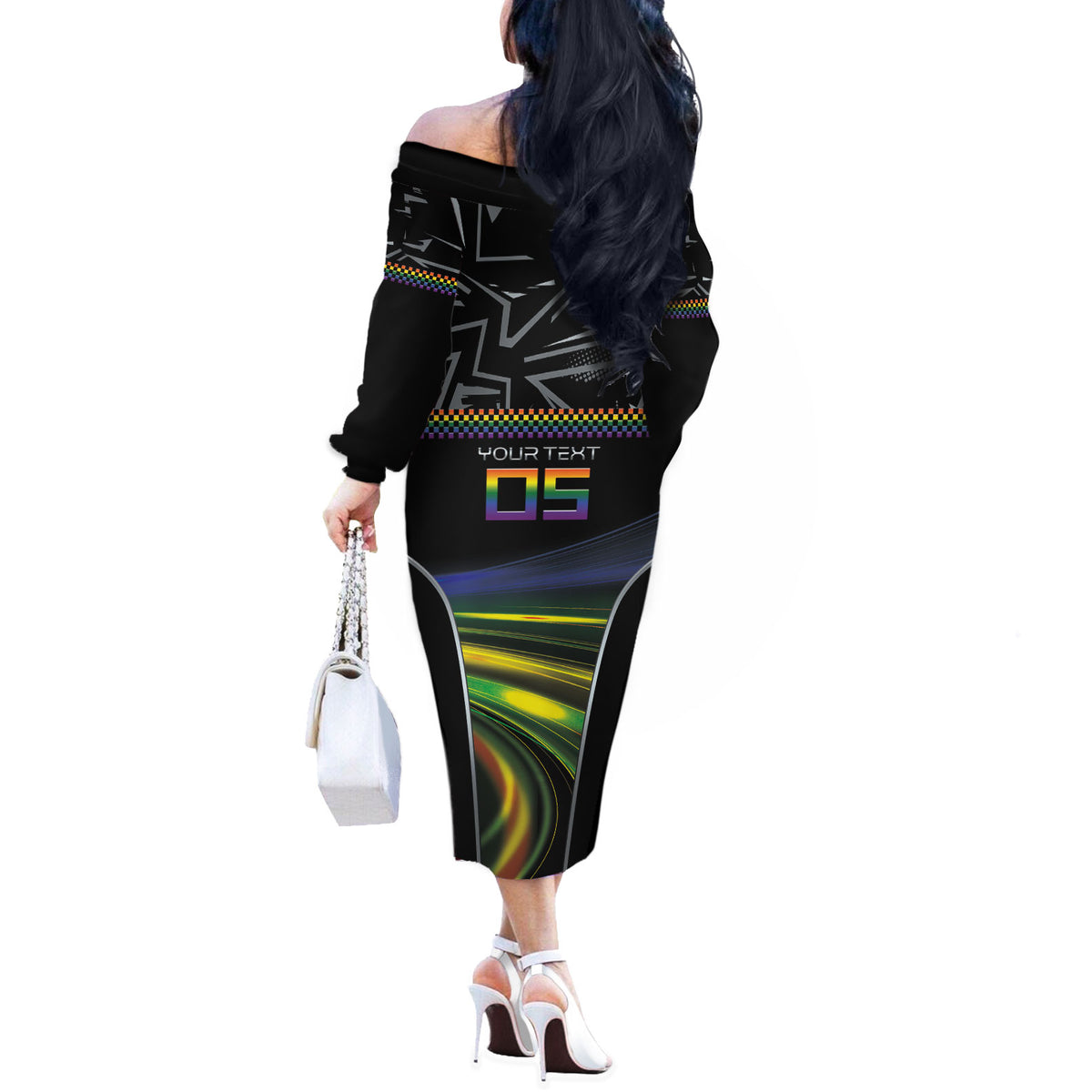 Custom Racing Pride Off The Shoulder Long Sleeve Dress Racing Rainbow Cyberpunk Style