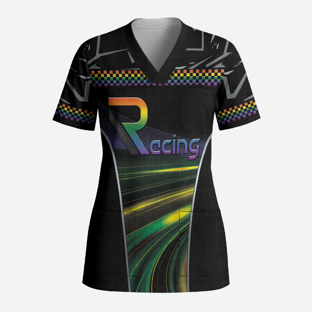 Custom Racing Pride Scrub Top Racing Rainbow Cyberpunk Style