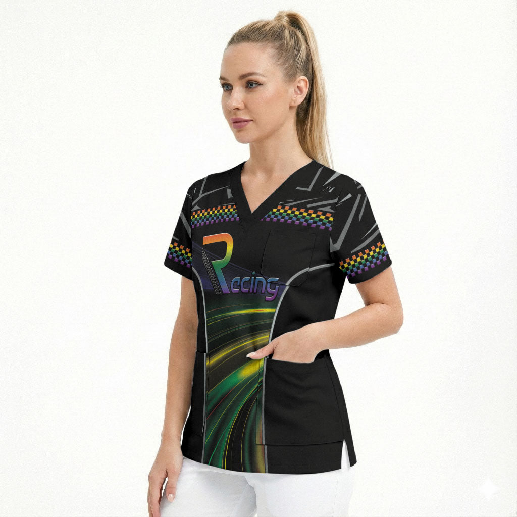 Custom Racing Pride Scrub Top Racing Rainbow Cyberpunk Style