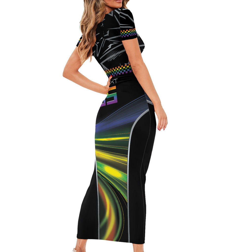 Custom Racing Pride Short Sleeve Bodycon Dress Racing Rainbow Cyberpunk Style