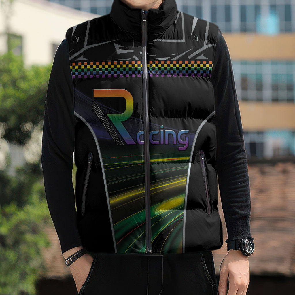 Custom Racing Pride Sleeveless Puffer Jacket Racing Rainbow Cyberpunk Style