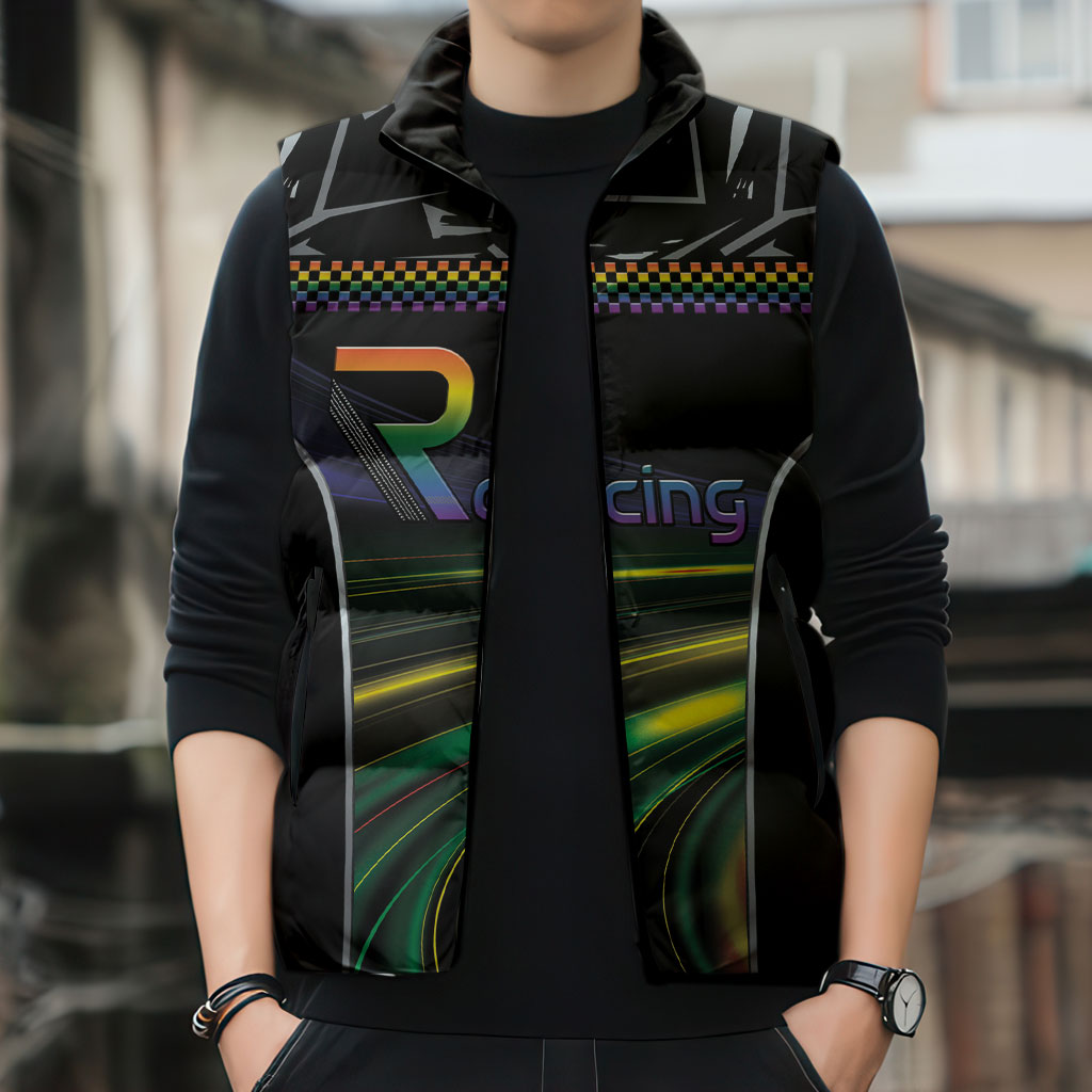 Custom Racing Pride Sleeveless Puffer Jacket Racing Rainbow Cyberpunk Style