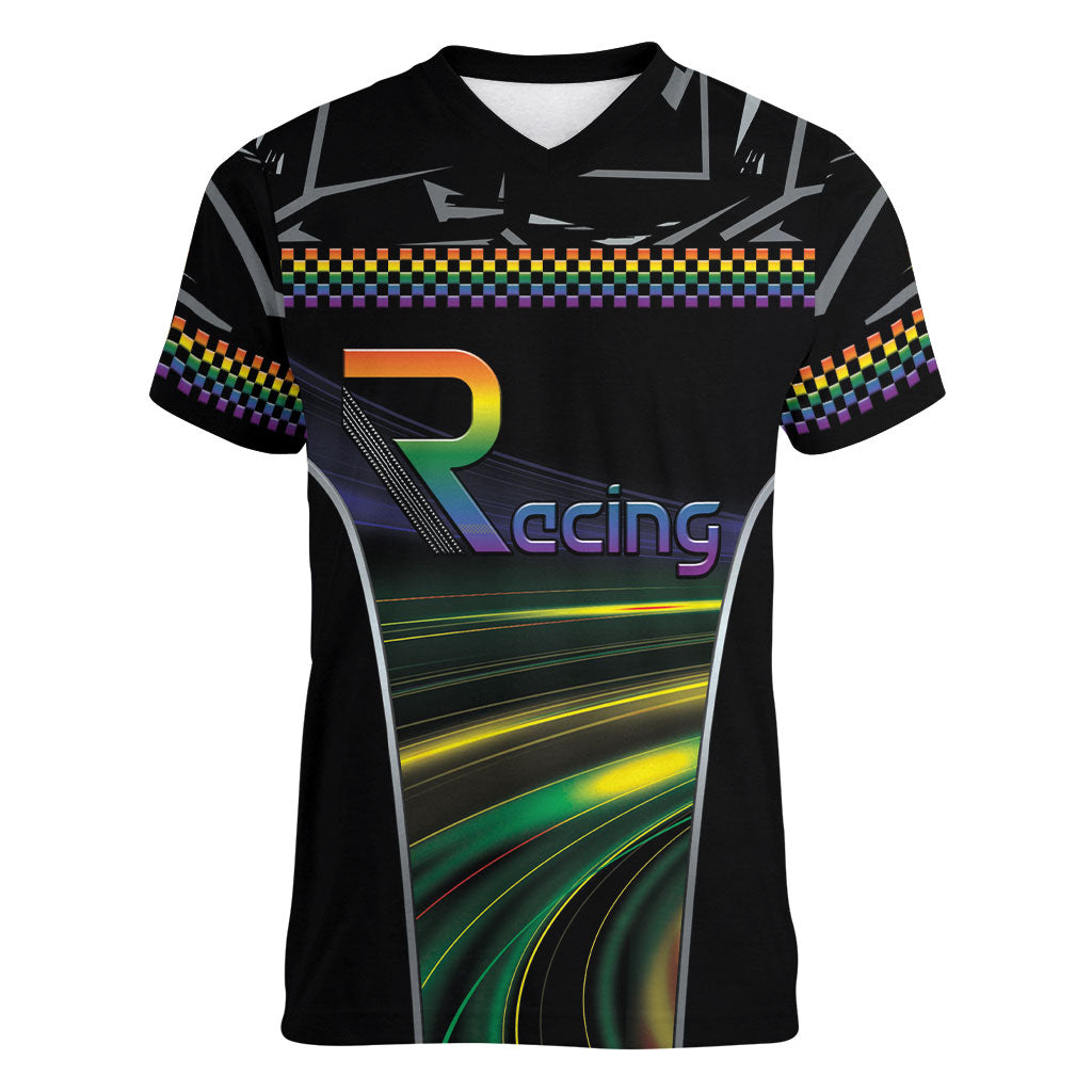 Custom Racing Pride Women V-Neck T-Shirt Racing Rainbow Cyberpunk Style