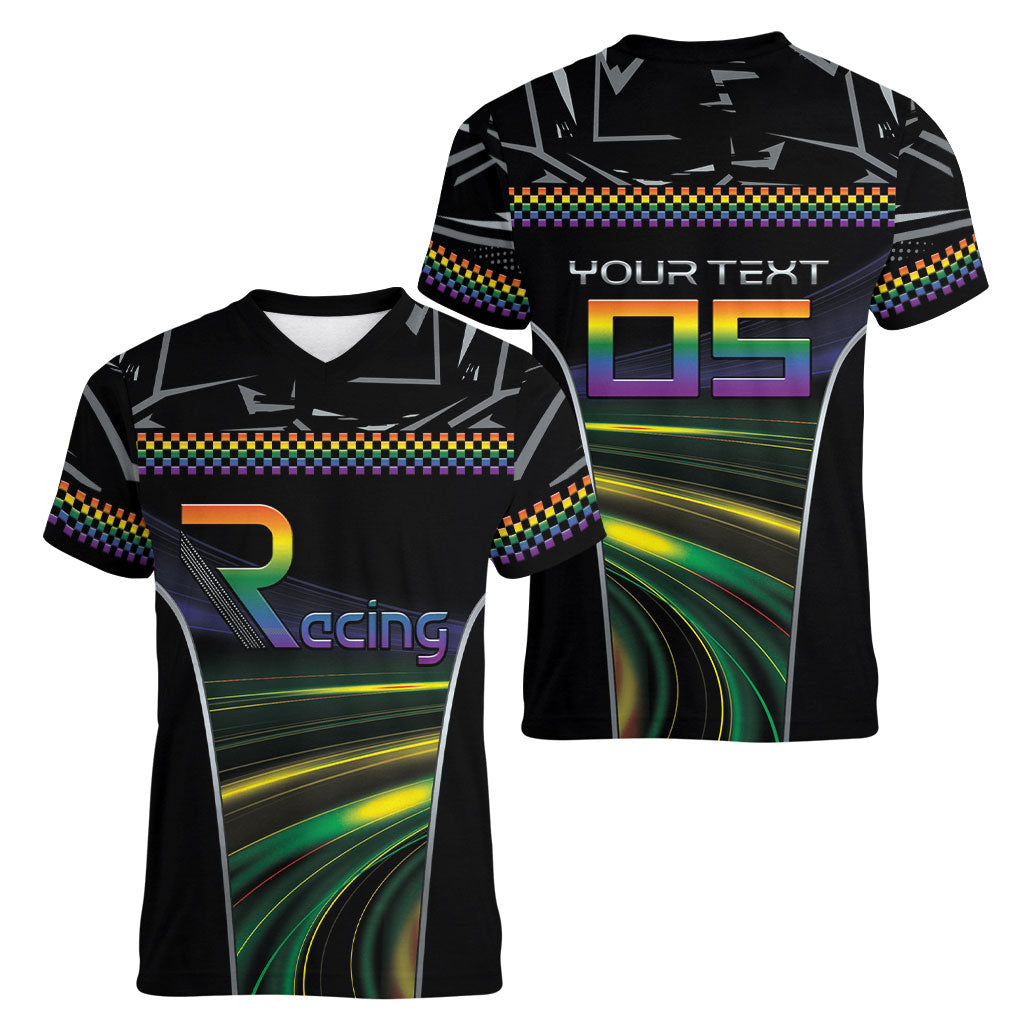Custom Racing Pride Women V-Neck T-Shirt Racing Rainbow Cyberpunk Style