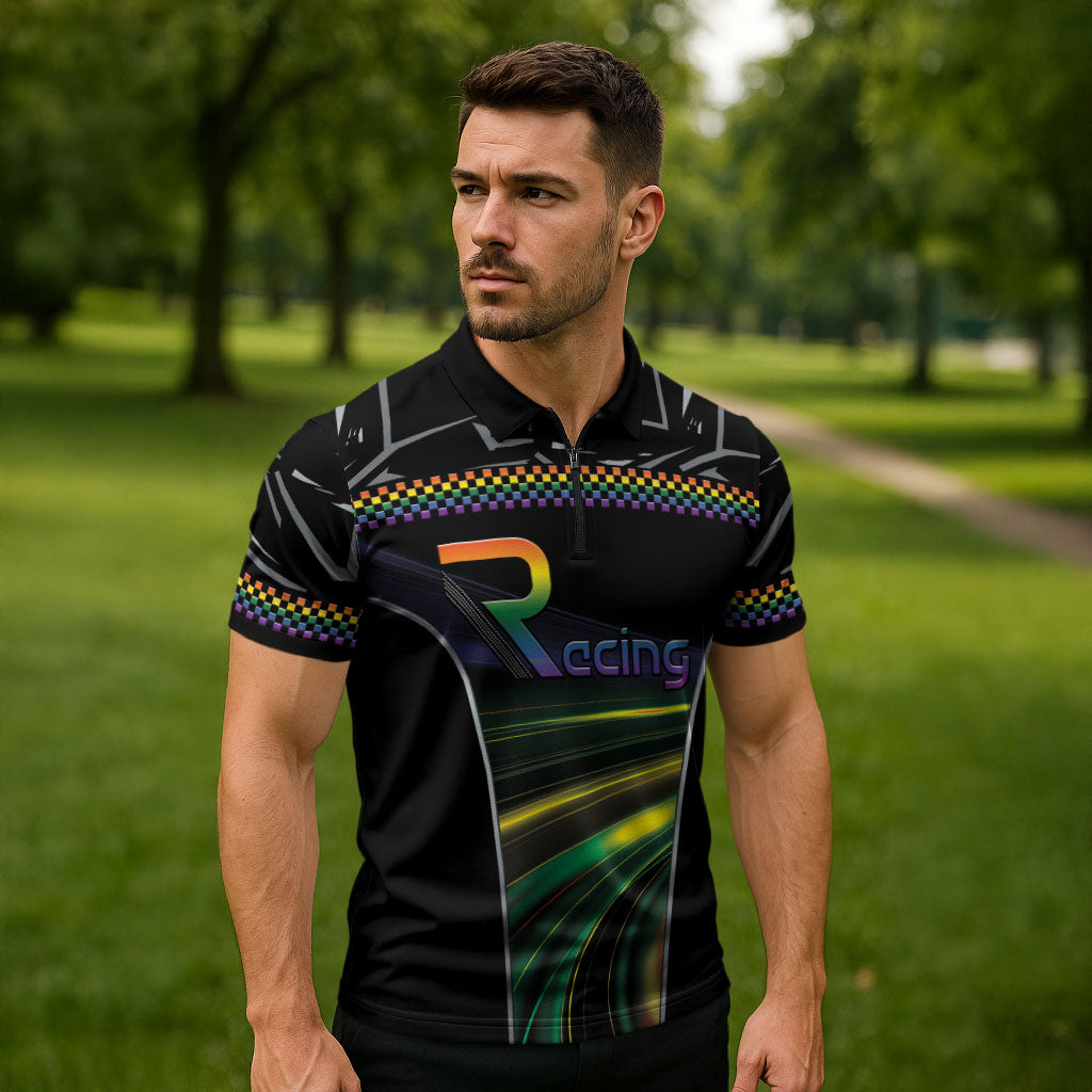 Custom Racing Pride Zipper Polo Shirt Racing Rainbow Cyberpunk Style