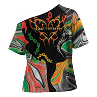 African Juneteenth Freedom Day 1865 Cross Shoulder Shirt Colors Liquid Marble With Broken Chains