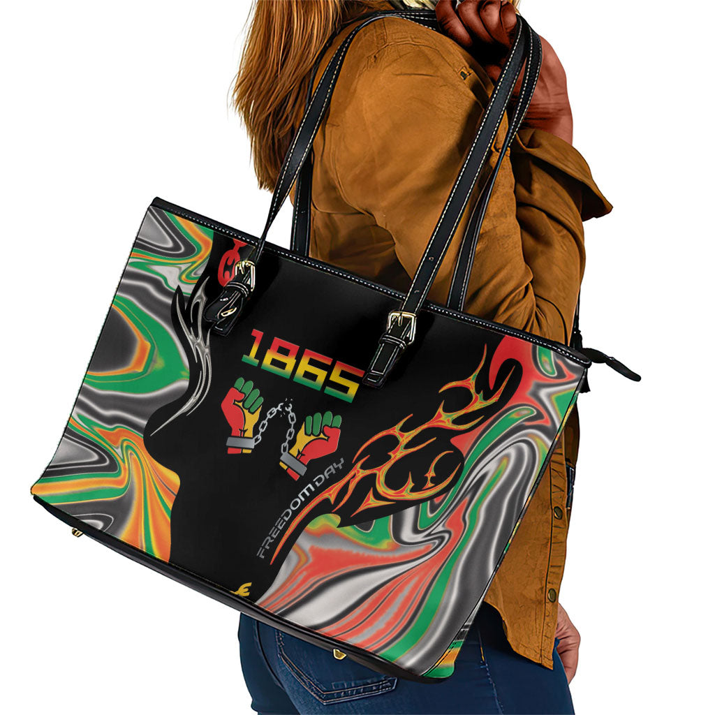 African Juneteenth Freedom Day 1865 Leather Tote Bag Colors Liquid Marble With Broken Chains