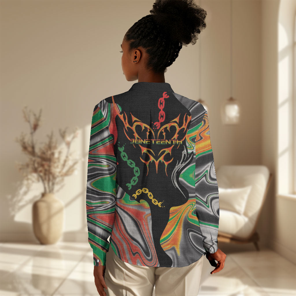 African Juneteenth Freedom Day 1865 Women Casual Shirt Colors Liquid Marble With Broken Chains