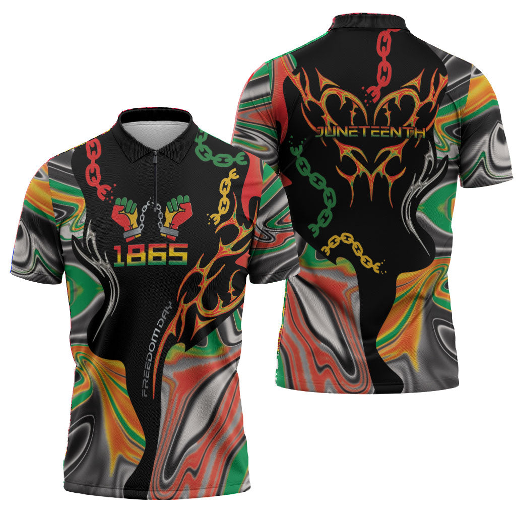 African Juneteenth Freedom Day 1865 Zipper Polo Shirt Colors Liquid Marble With Broken Chains
