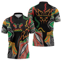 African Juneteenth Freedom Day 1865 Zipper Polo Shirt Colors Liquid Marble With Broken Chains