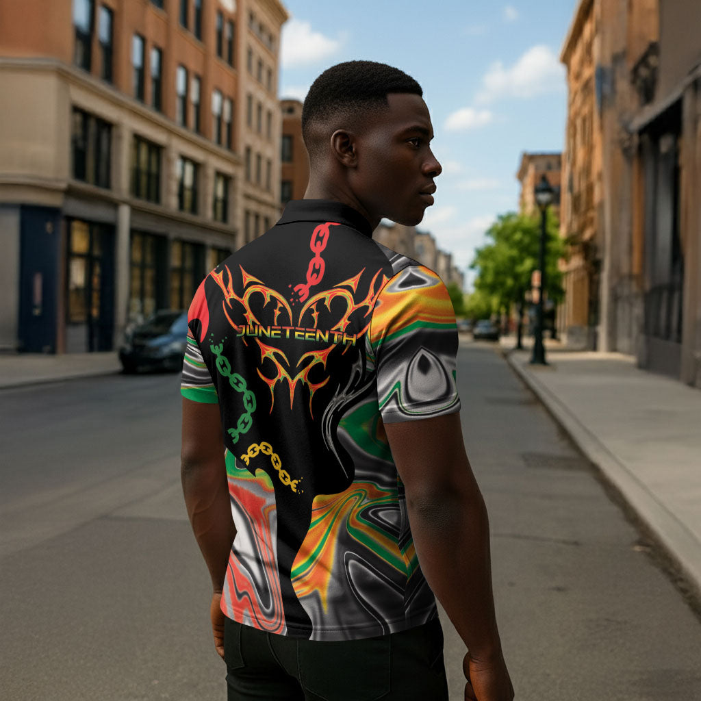 African Juneteenth Freedom Day 1865 Zipper Polo Shirt Colors Liquid Marble With Broken Chains
