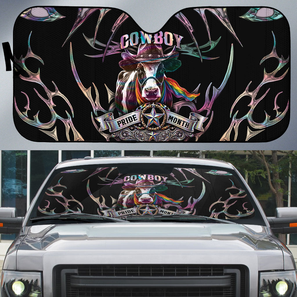 Cowboy Pride Month Sounds Gay Im in Auto Sun Shade Y2K Tribal Chrome With Rainbow Scarf Cow