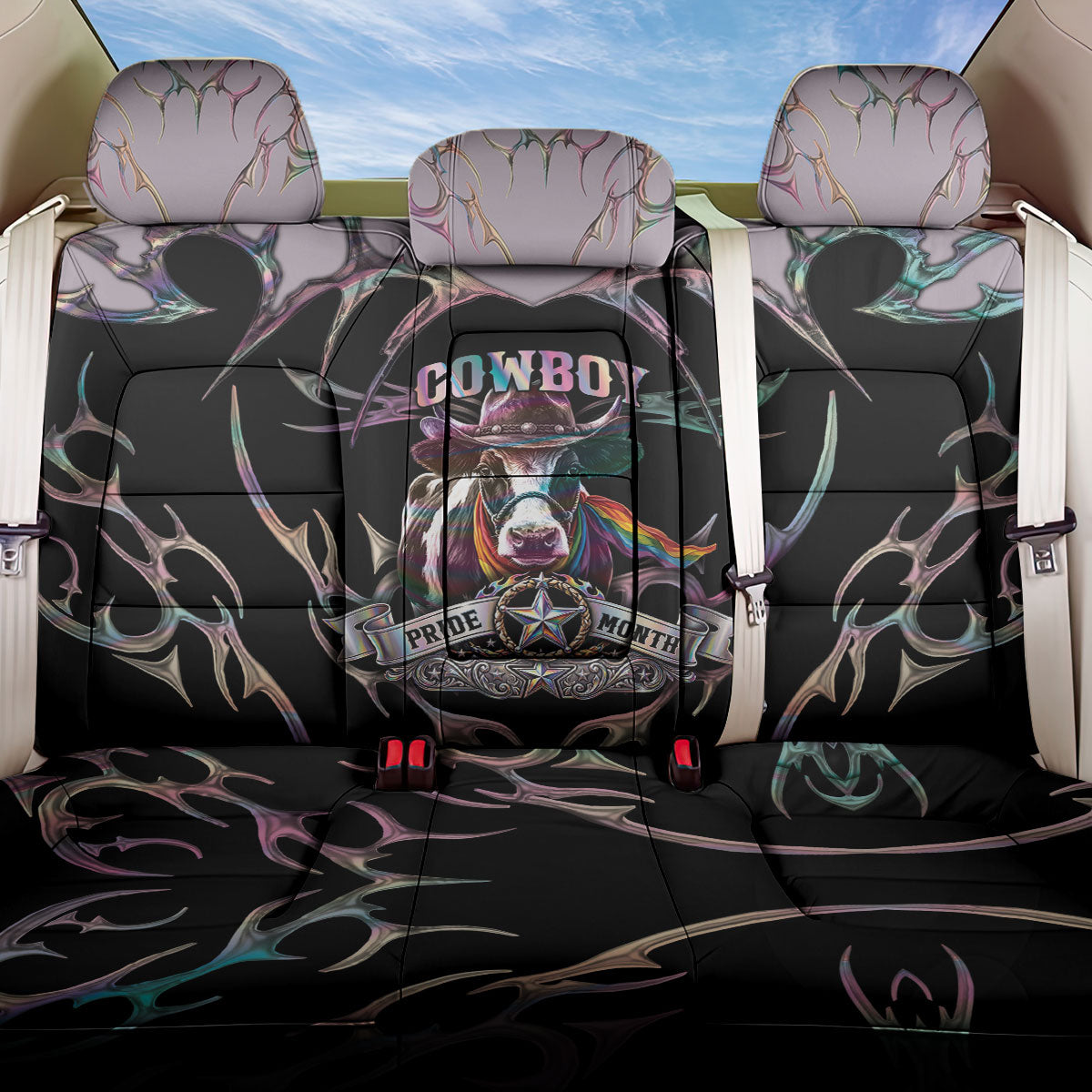 Cowboy Pride Month Sounds Gay Im in Back Car Seat Cover Y2K Tribal Chrome With Rainbow Scarf Cow