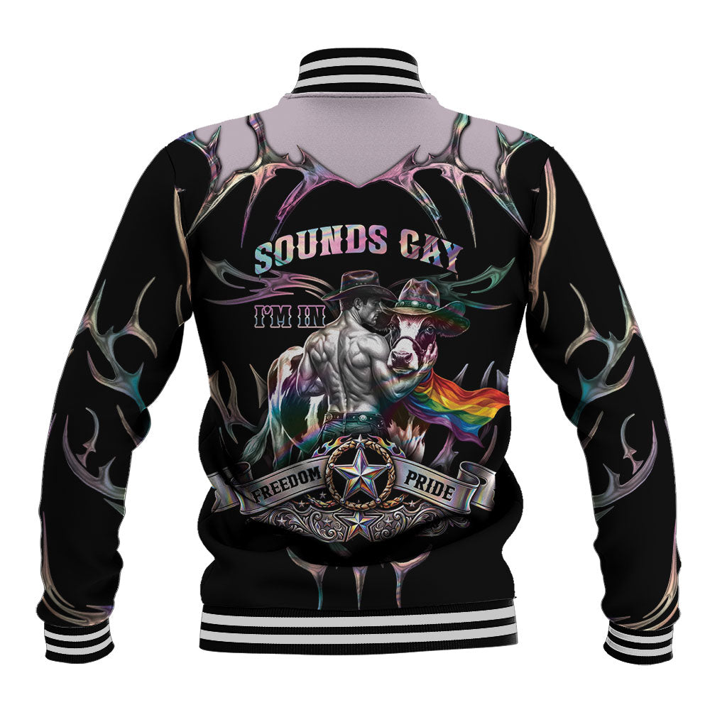 Cowboy Pride Month Sounds Gay Im in Baseball Jacket Y2K Tribal Chrome With Rainbow Scarf Cow