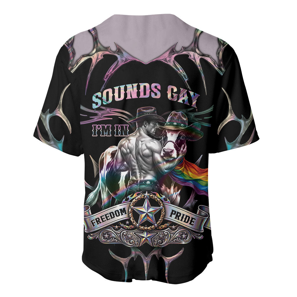 Cowboy Pride Month Sounds Gay Im in Baseball Jersey Y2K Tribal Chrome With Rainbow Scarf Cow