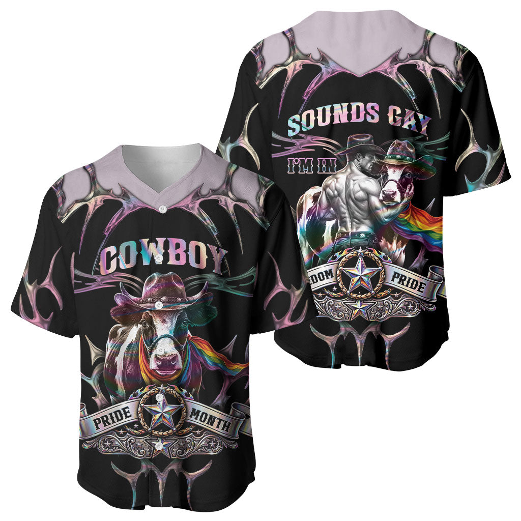 Cowboy Pride Month Sounds Gay Im in Baseball Jersey Y2K Tribal Chrome With Rainbow Scarf Cow