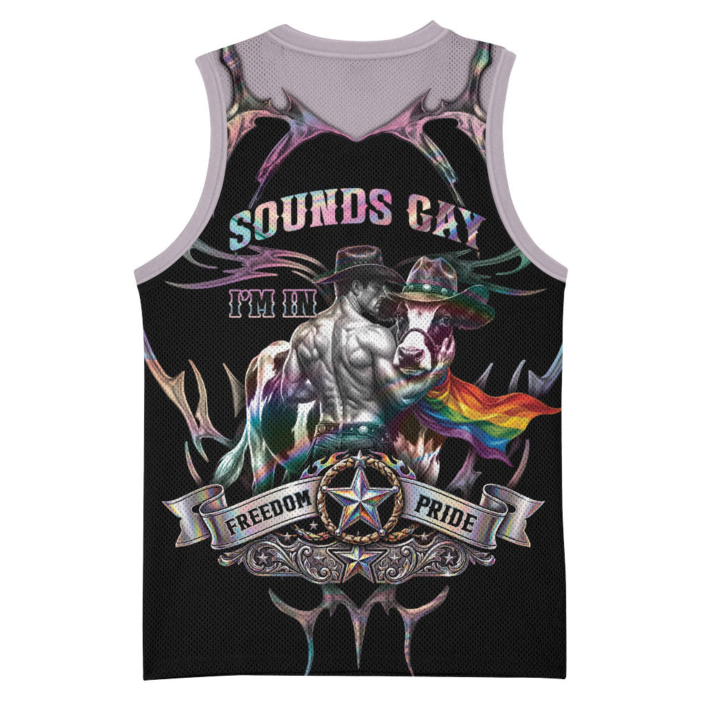 Cowboy Pride Month Sounds Gay Im in Basketball Jersey Y2K Tribal Chrome With Rainbow Scarf Cow