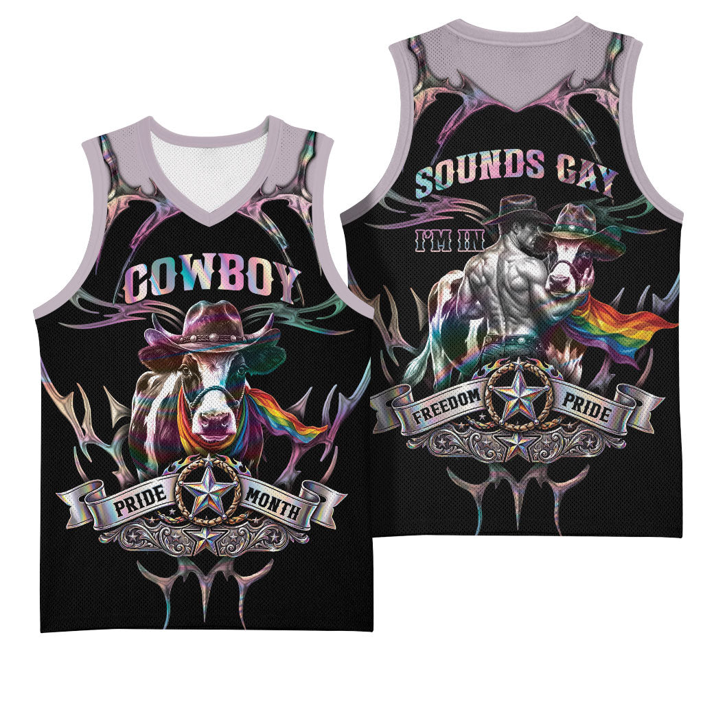 Cowboy Pride Month Sounds Gay Im in Basketball Jersey Y2K Tribal Chrome With Rainbow Scarf Cow