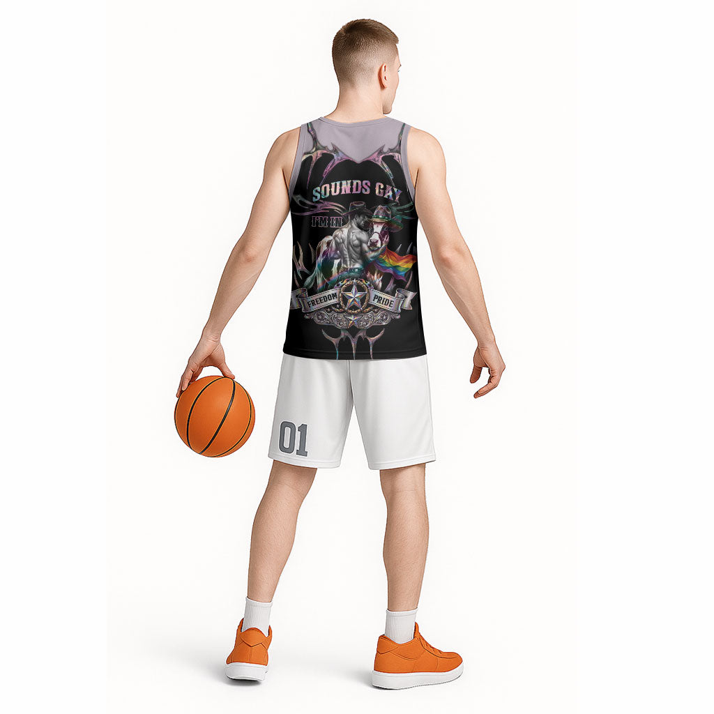 Cowboy Pride Month Sounds Gay Im in Basketball Jersey Y2K Tribal Chrome With Rainbow Scarf Cow