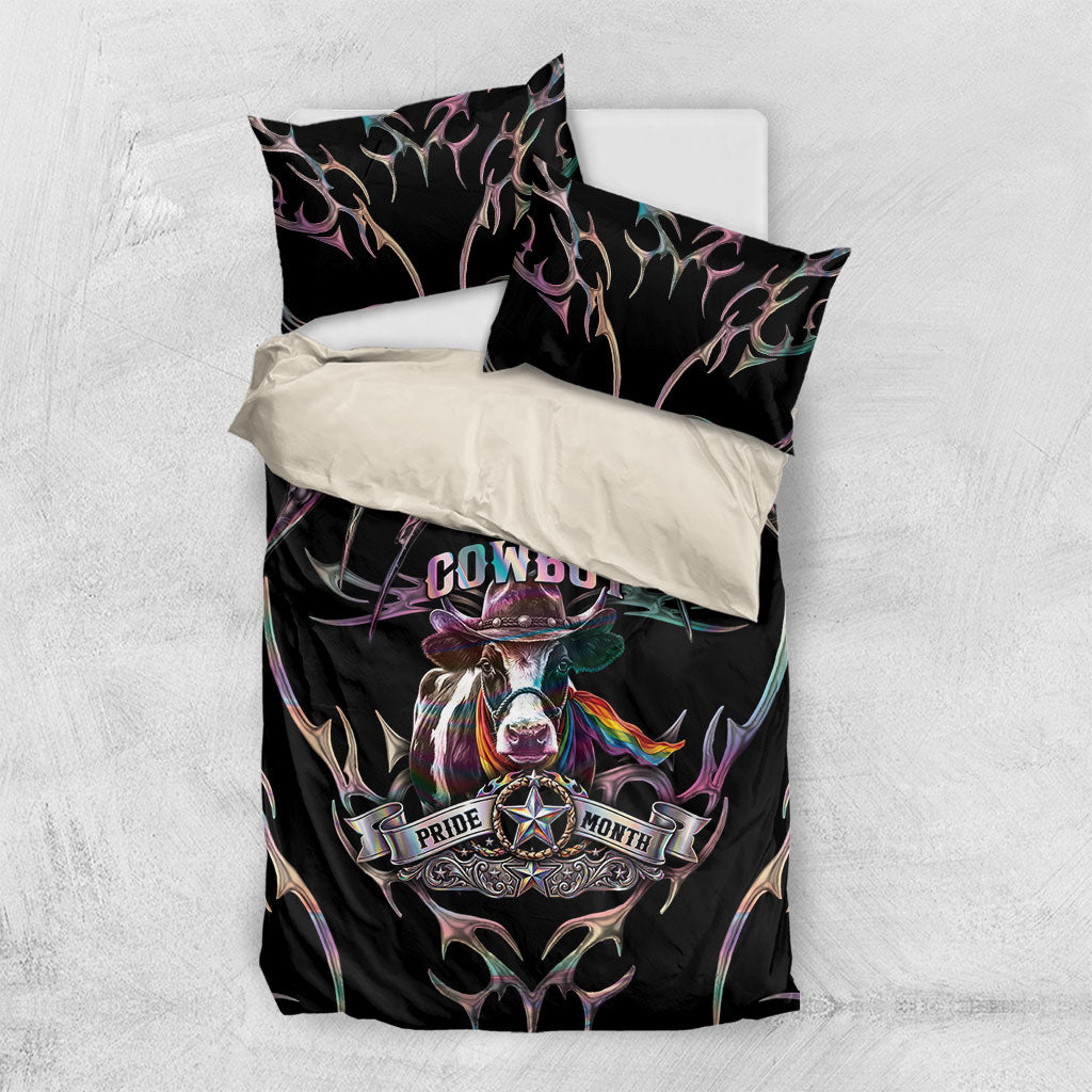 Cowboy Pride Month Sounds Gay Im in Bedding Set Y2K Tribal Chrome With Rainbow Scarf Cow