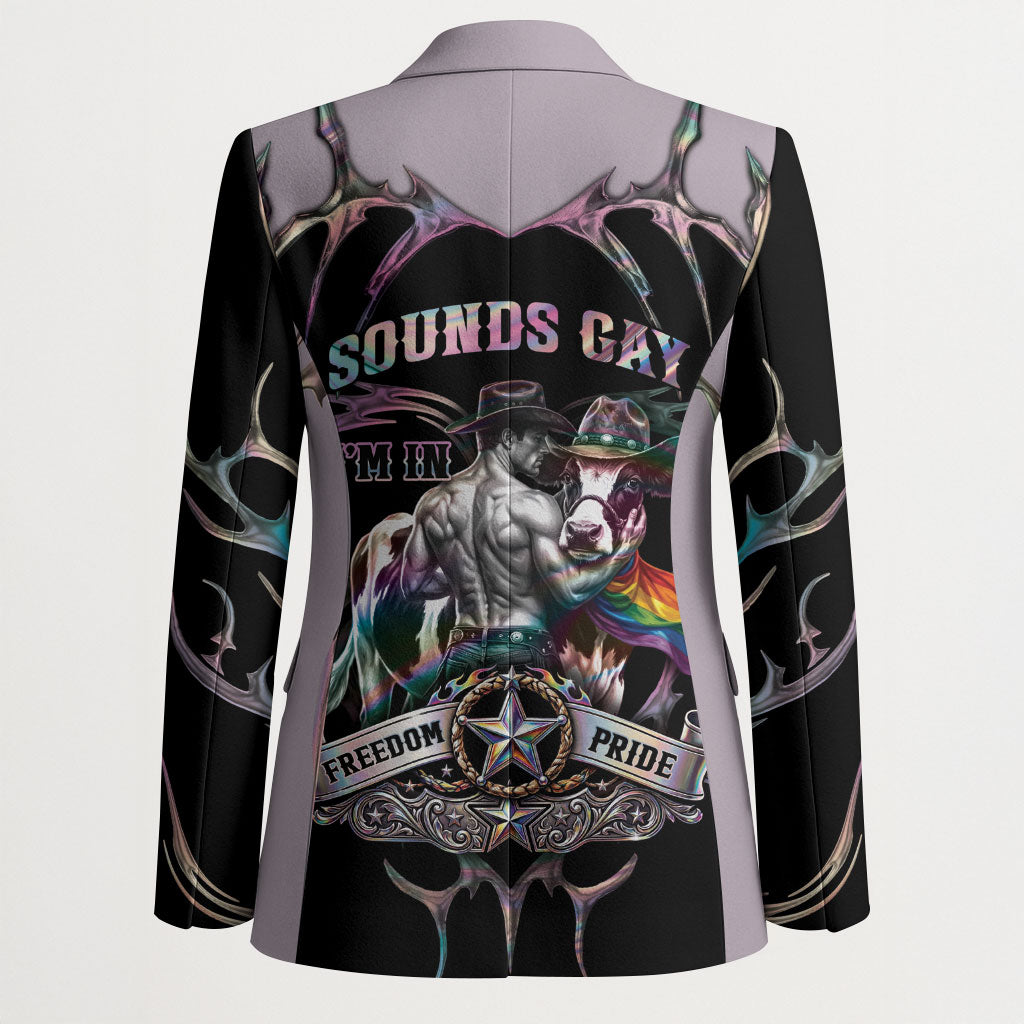 Cowboy Pride Month Sounds Gay Im in Blazer Y2K Tribal Chrome With Rainbow Scarf Cow