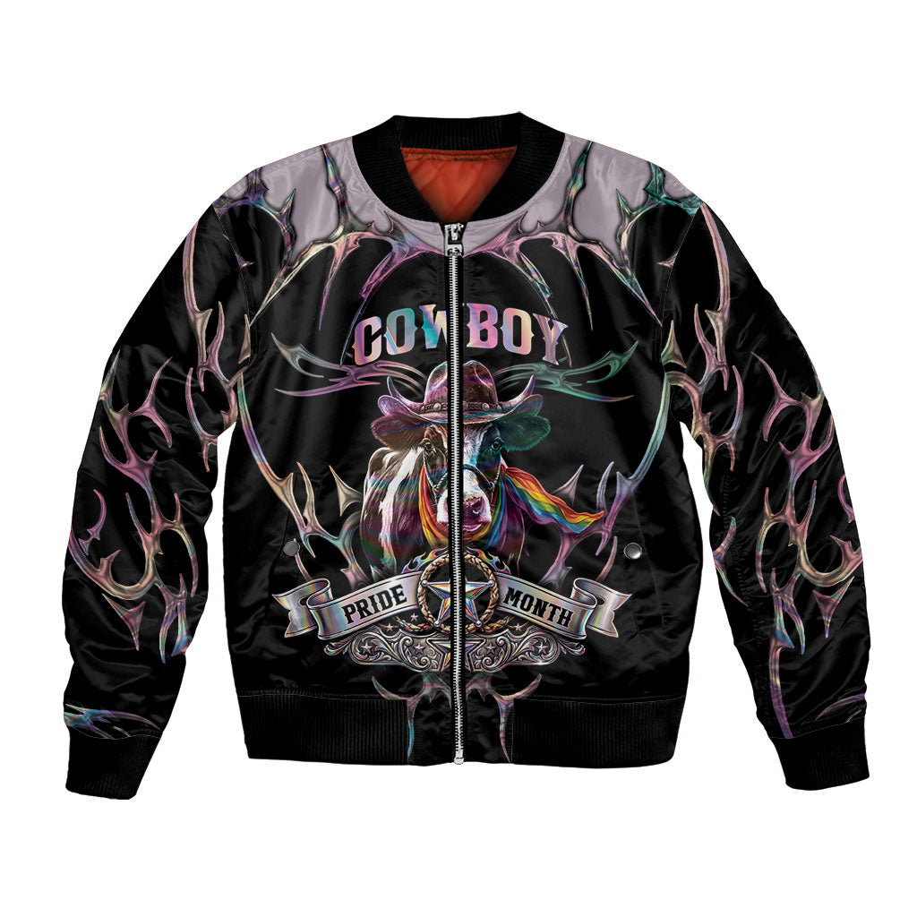 Cowboy Pride Month Sounds Gay Im in Bomber Jacket Y2K Tribal Chrome With Rainbow Scarf Cow