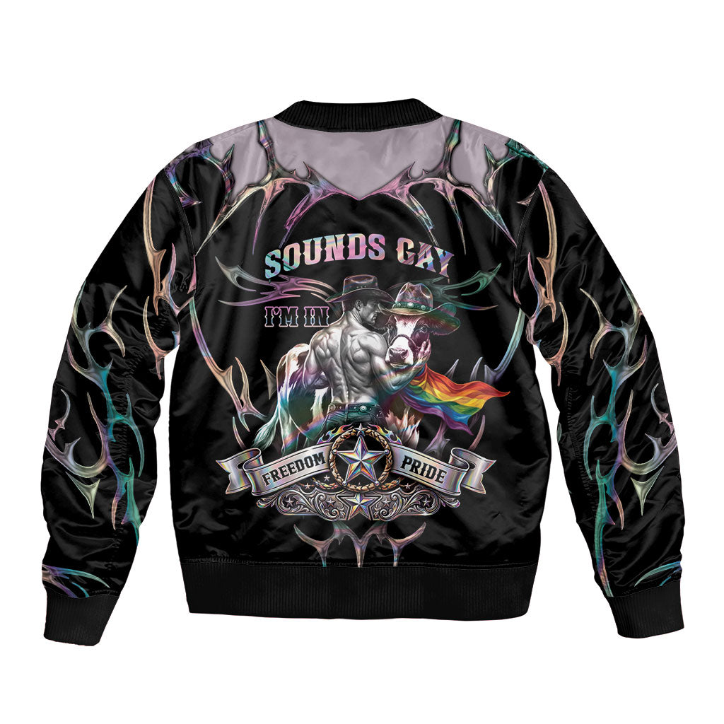 Cowboy Pride Month Sounds Gay Im in Bomber Jacket Y2K Tribal Chrome With Rainbow Scarf Cow
