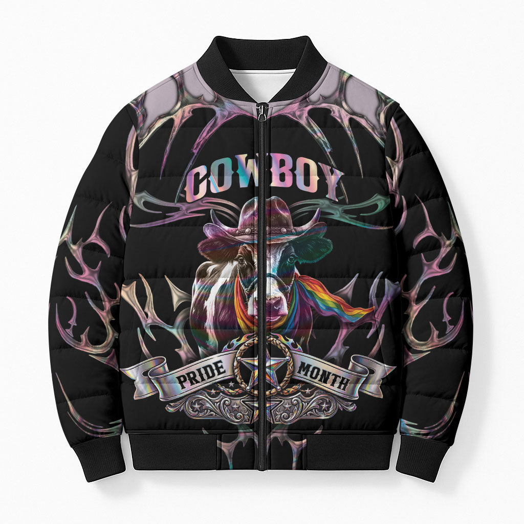 Cowboy Pride Month Sounds Gay Im in Bomber Puffer Jacket Y2K Tribal Chrome With Rainbow Scarf Cow