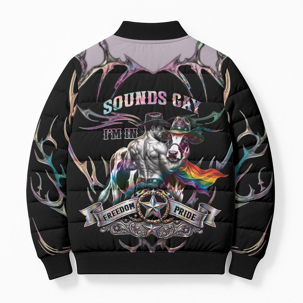 Cowboy Pride Month Sounds Gay Im in Bomber Puffer Jacket Y2K Tribal Chrome With Rainbow Scarf Cow